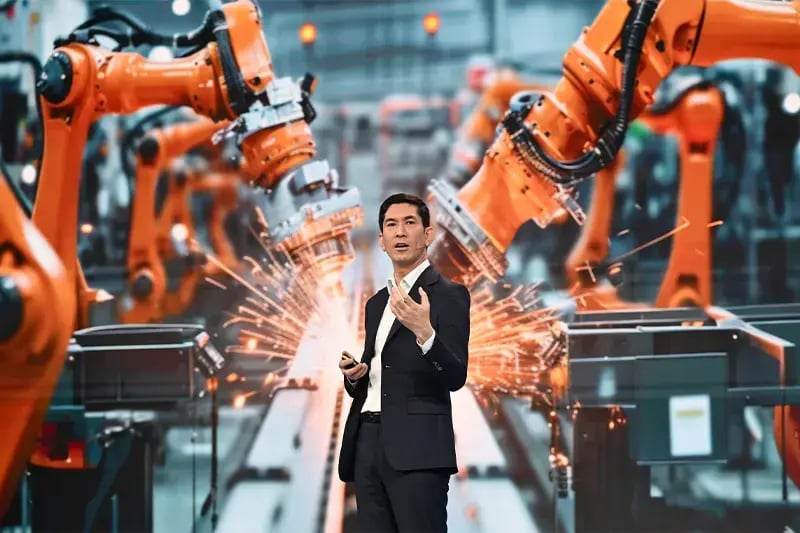 Presenter speaking in front of a large screen displaying industrial robotic arms welding components in an automated manufacturing facility.