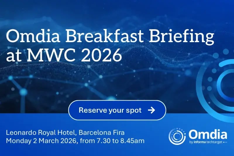 Blue digital-themed image promoting Omdia Breakfast Briefing at MWC 2026. Details include March 2, 2026, at Leonardo Royal Hotel, Barcelona. Omdia logo included.