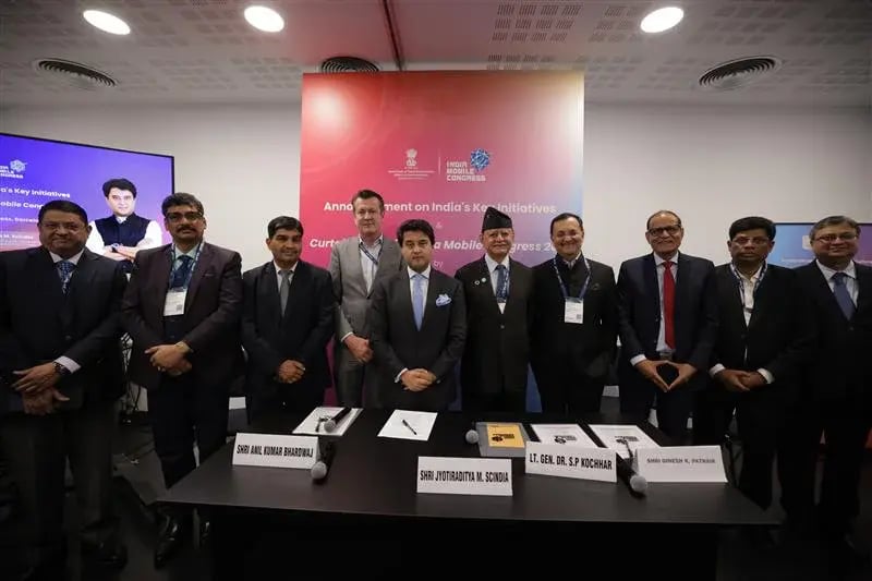 Indian Minister of Communications Jyotiraditya M. Scindia unveils India Mobile Congress 2025 at MWC Barcelona